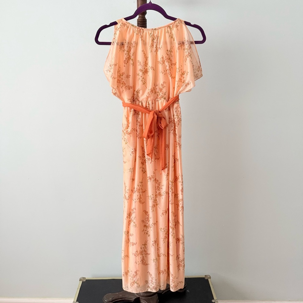 🌼Vintage 70s Peach Floral Maxi Dress w/ Belt Romantic Prairie Boho Goddess - Picture 2 of 8